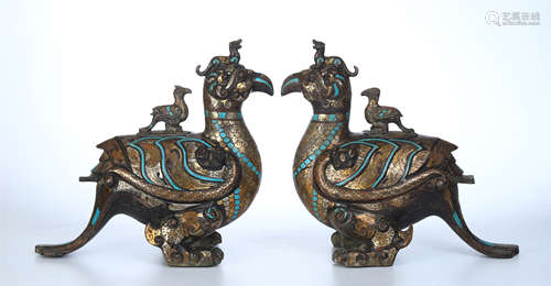 PAIR OF CHINESE SILVER GOLD TRUQUOISE INLAID BRONZE BRID