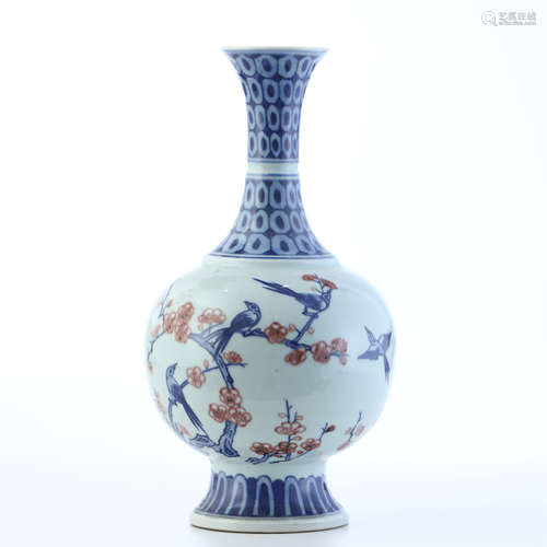 CHINESE PORCELAIN BLUE AND WHITE RED UNDER GLAZE BIRD AND FLOWER VASE