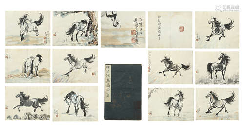 TWEELVE PAGES OF CHINESE ALBUM PAINTING OF HORSE