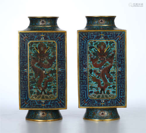 PAIR OF CHINESE CLOISONNE DRAGON SQUARE VASES