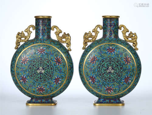 PAIR OF CHINESE CLOISONNE FLOWER MOONFLASK VASE