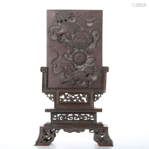 CHINESE DUAN STONE LIONS PLAQUE TABLE SCREEN
