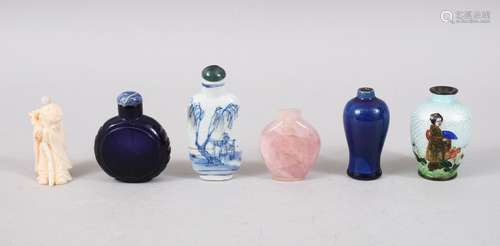 A GOOD MIXED LOT OF SIX 19TH CENTURY CHINESE PORCELAIN / GLASS / QUARTZ SNUFF BOTTLES, consisting of