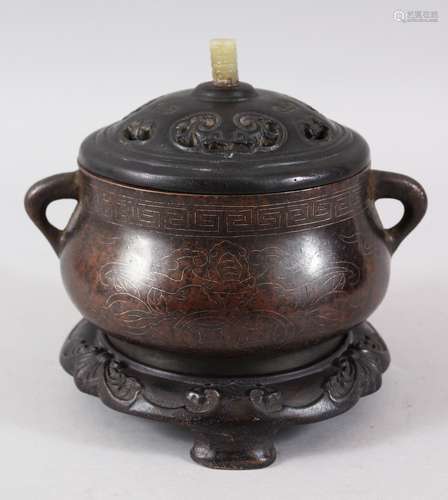 A GOOD CHINESE INLAID BRONZE CENSER WITH HARDWOOD & JADE COVER, the bronze vessel with two formed