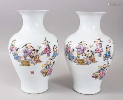 A PAIR OF 20TH CENTURY CHINESE REPUBLIC STYLE PORCELAIN VASES, each vase with thirteen boys playing,
