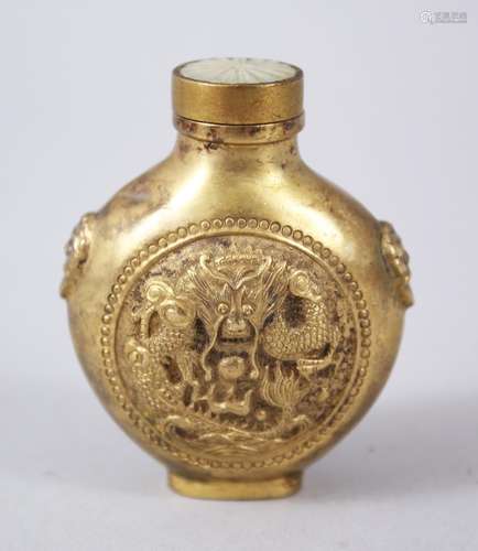 A 19TH CENTURY CHINESE BRONZE SNUFF BOTTLE OF DRAGONS, the two central panels depicting dragons