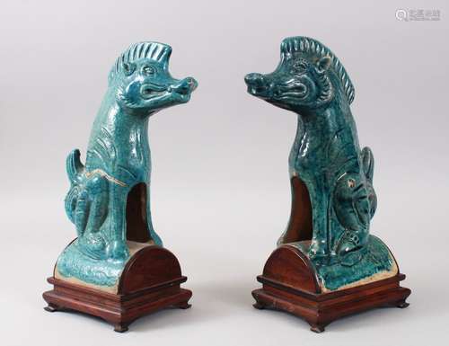 A GOOD PAIR OF CHINESE TURQUOISE MING STYLE POTTERY RIDGE TILES, the tiles in the form of mythical