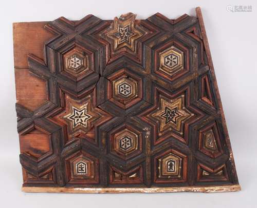 A RARE 13TH-14TH CENTURY MAMLUK WOODEN FRAGMENT, possibly from a door, 55cm x 70cm.