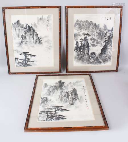 A SET OF THREE 19TH CENTURY CHINESE FRAMED WATERCOLOURS, each depicting a tranquil landscape