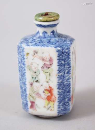 A 19TH CENTURY CHINESE DAOGUANG BLUE & WHITE FAMILLE ROSE PORCELAIN SNUFF BOTTLE, the square