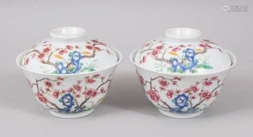 A GOOD PAOIR OF 20TH CENTURY CHINESE FAMILLE ROSE PORCELAIN TEA CUP & COVER, the decoration of