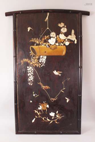 A LARGE JAPANESE MEIJI PERIOD SHIBAYAMA IVORY INLAID PANEL, the panel with carved & stained ivory