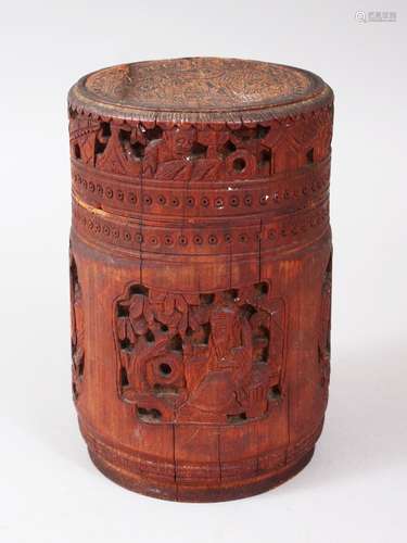 A 19TH CENTURY CHINESE CANTON CARVED BAMBOO BOX & COVER, the cylindrical pot with panels of carved