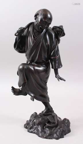 A VERY GOOD JAPANESE MEIJI PERIOD BRONZE OKIMONO OF GAMMA SENNIN & TOAD BY ATSUOSHI FOR THE MARUKI