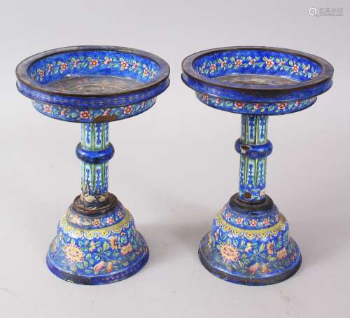 A PAIR OF 19TH CENTURY CHINESE CANTON ENAMEL CANDLE STICKS / STANDS, the stands decorated with