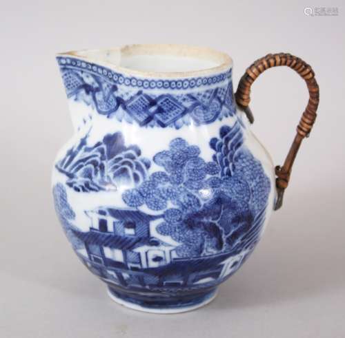 AN 18TH CENTURY CHINESE BLUE & WHITE SPARROW BEAK PORCELAIN CREAM JUG, decorated with scenes of