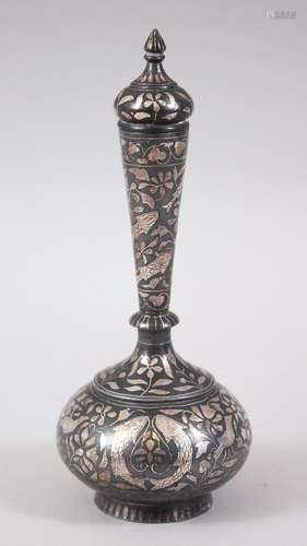 A VERY GOOD 18TH-19TH CENTURY INDIAN BIDRI PERFUME BOTTLE AND COVER with silver inlay of flowers,