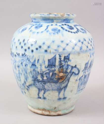 AN 18TH CENTURY PERSIAN BLUE AND WHITE POTTERY VASE decorated with soldiers and a cannon, 26cm