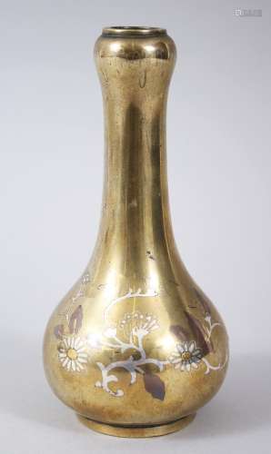 A 19TH CENTURY CHINESE INLAID BRONZE VASE, the mixed metal decoration depicting floral display, 14cm