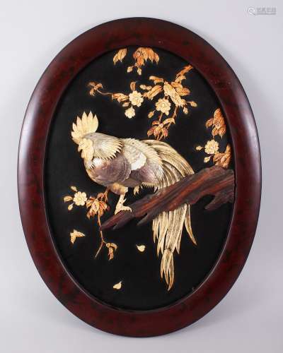 A GOOD QUALITY JAPANESE MEIJI PERIOD SHIBAYAMA FRAMED PANEL, depicting a cockerel sat upon a tree