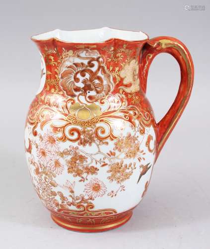 A JAPANESE LATE MEIJI PERIOD KUTANI PORCELAIN JUG, decorated with scenes of birds amongst flora,