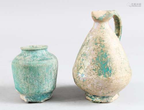 A 12TH CENTURY PERSIAN SELJUK KASHMIRI TURQUOISE GLAZED JUG AND POT, 13cm and 9cm high.