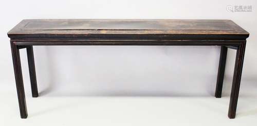 A LARGE 19TH CENTURY CHINESE HARDWOOD ALTAR TABLE, supported upon four square form legs with inner