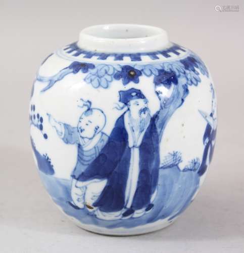 A 19TH CENTURY CHINESE BLUE & WHITE PORCELAIN GINGER JAR, decorated with scenes of boys and sage