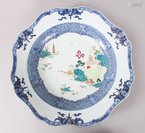 A GOOD 18TH CENTURY CHINESE EXPORT FAMILLE ROSE DISH, the main decoration of a landscape scenes