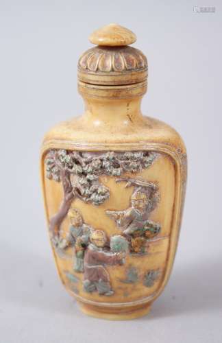 A VERY GOOD 19TH CENTURY CHINESE CARVED IVORY AND POLYCHROMED DECORATION SNUFF BOTTLE, the body of