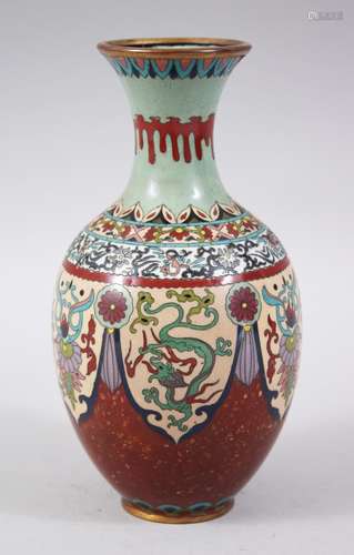 A GOOD JAPANESE MEIJI PERIOD CLOISONNE VASE, the body depicting various panels of dragons and formal