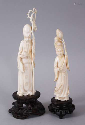 A GOOD 19TH CENTURY CHINESE CARVED IVORY FIGURE OF SHOU LAO, stood upon a carved and pierced