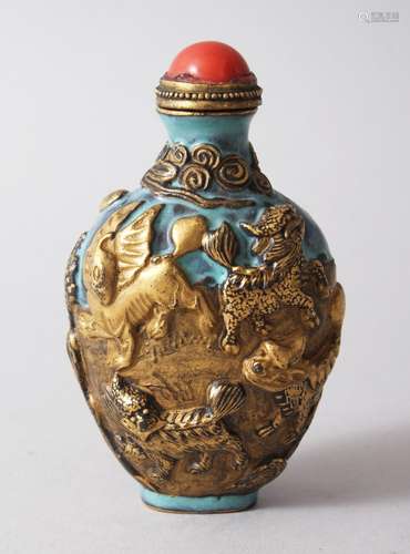 A GOOD 19TH CENTURY QIANLONG STYLE CHINESE ROBINS EGG PORCELAIN SNUFF BOTTLE, with moulded and