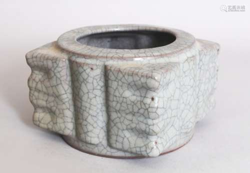 A CHINESE GE STYLE CELADON GLAZED CRACKLEGLAZE CONG VASE, of unusually squat form, 11.6cm square &