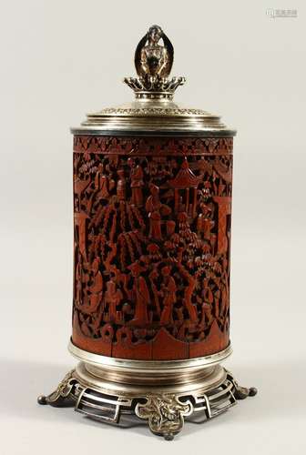 A 19TH / 20TH CENTURY CHINESE BAMBOO BRUSH POT / LIDDED BOX, later added French metalwork to convert