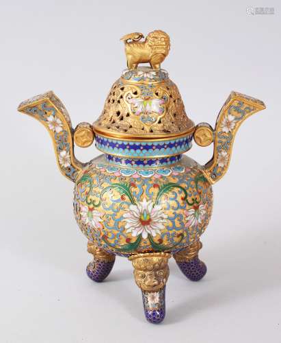 A CHINESE TRIPOD CLOISONNE CENSER & COVER, the censer decorated in enamel to depict floral