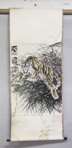 A VERY GOOD PAIR OF LATE 19TH CENTURY CHINESE PAINTED HANGING SCROLLS - MOANING OF TIGERS, one