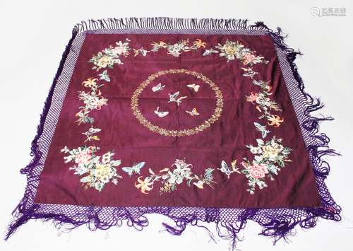 A 19TH / 20TH CENTURY CHINESE PURPLE GROUND EMBROIDERED PIANO SILK SHAWL, with decoration of