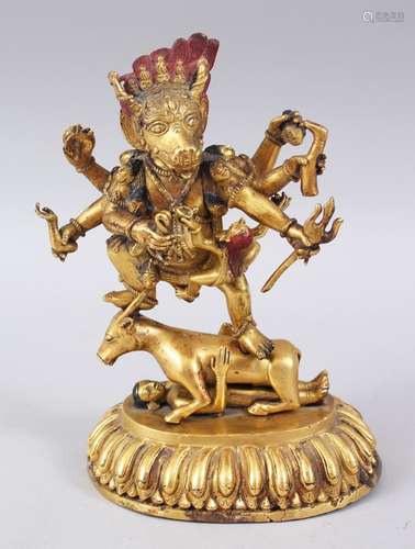 A GOOD 19TH CENTURY OR EARLIER SINO TIBETAN BRONZE YAMANTAKA BRONZE FIGURE, the lotus formed base