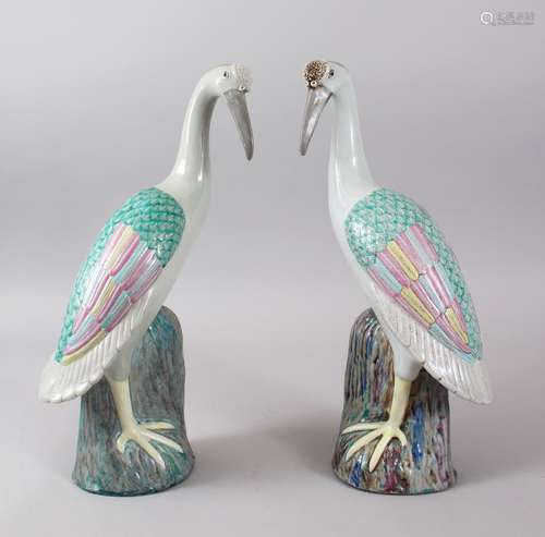 A GOOD PAIR OF 19TH CENTURY CHINESE SANCAI PORCELAIN CRANES, the cranes stood upon stylized rocks,