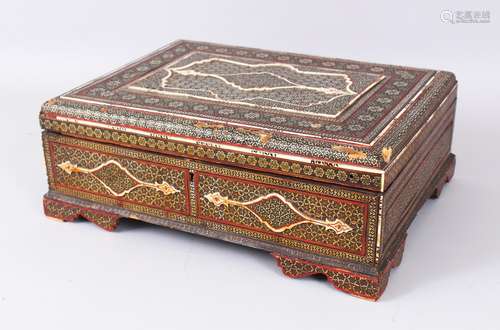 AN EARLY 20TH CENTURY PERSIAN KHATAM INLAID WOODEN BOX, inlaid with bone, 37cm long, 28cm wide, 13cm