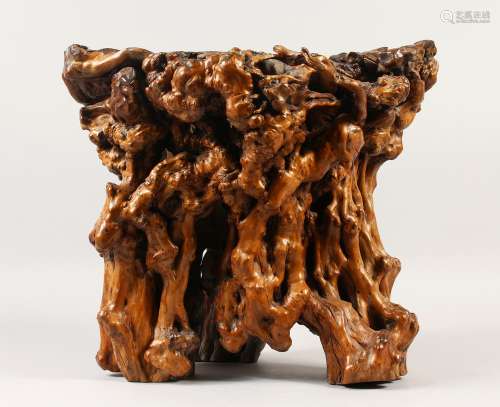 A LOVELY JAPANESE 19TH / 20TH CENTURY NATURAL ROOT WOOD VASE / SCULPTURE 36cm high, 42.5 wide.