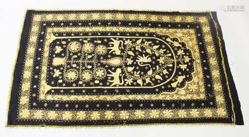 A 19TH CENTURY INDIAN VELVET GOLD THREAD WALL HANGING, 6ft 6ins x 4ft.