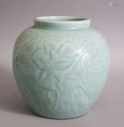 A GOOD 19TH CENTURY CHINESE CELADON MOULDED GLOBULAR PORCELAIN VASE, the vase with finely moulded