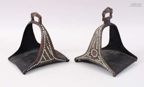 A GOOD PAIR OF 18TH-19TH CENTURY PERSIAN QAJAR STIRRUPS mounted with turquoise beads, 18cm high x