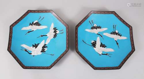 A PAIR OF JAPANESE MEIJI PERIOD CLOISONNE DISHES, decorated upon a sy blue ground with flying