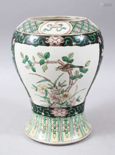 A GOOD CHINESE 19TH CENTURY FAMILLE VERTE AND BISCUIT PORCELAIN JAR, with panel decoration depicting