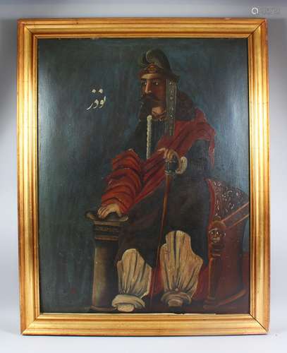 A LATE 19TH CENTURY PERSIAN QAJAR THREE QUARTER LENGTH OIL PORTRAIT OF A RULER, 90cm x 70cm.