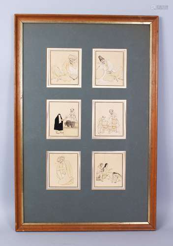 SIX 19TH-20TH CENTURY PERSIAN QAJAR ERA WATERCOLOUR PAINTINGS IN A FRAME, all signed by the artist