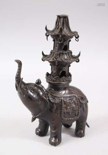 A 19TH CENTURY CHINESE BRONZE ELEPHANT INCENSE BURNER, the body of the elephant with moulded